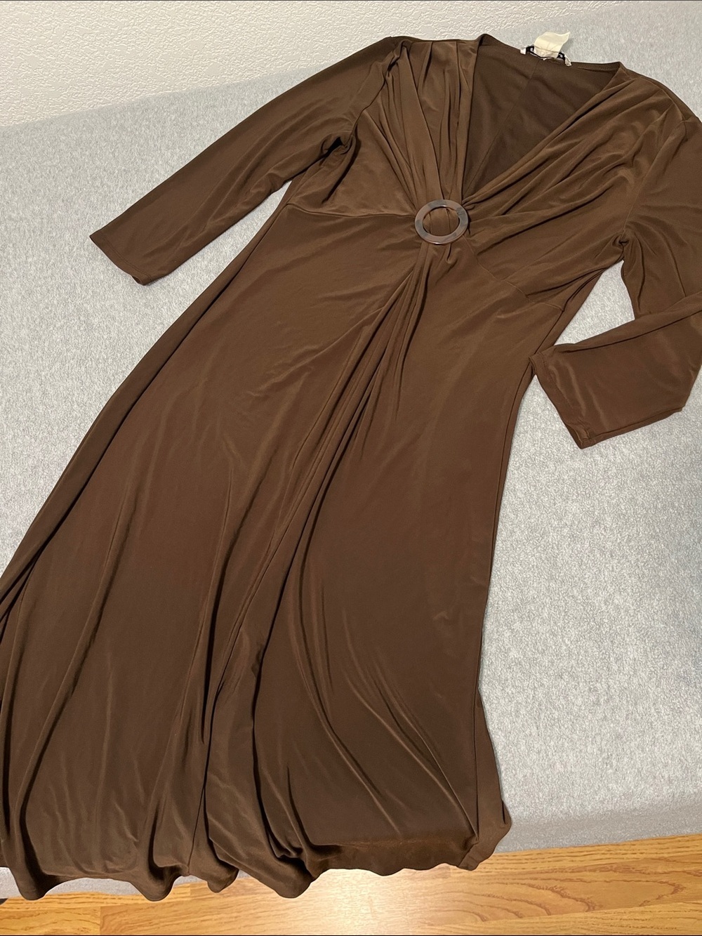Vintage Secretary Brown Midi Dress Size 14 Slinky Knit Stretch V Neck Grunge